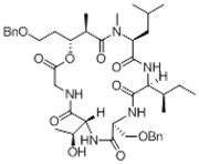 Picture of (6R,9S,12S,15S,18R,19R)-19-(2-(benzyloxy)ethyl)-9-(benzyloxymethyl)-12-sec-butyl-6-((S)-1-hydroxyethyl)-15-isobutyl-16,18-dimethyl-1-oxa-4,7,10,13,16-pentaazacyclononadecane-2,5,8,11,14,17-hexaone,95+